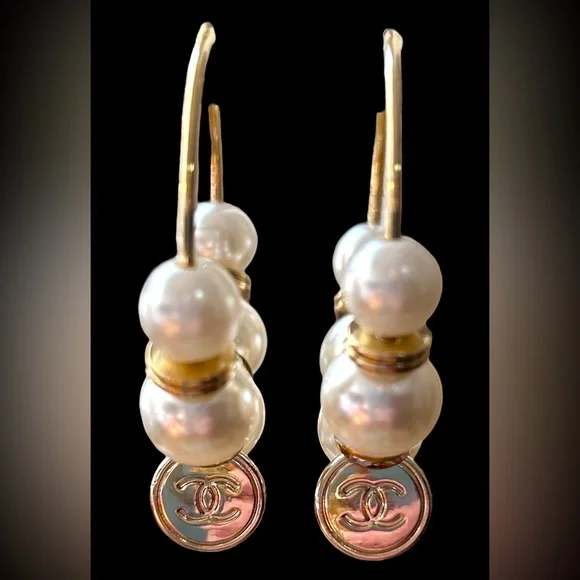 CC Logo Luxe-Inspired Gold, Pearl & CZ Upcycled Hoop Earrings - Picture 3 of 9